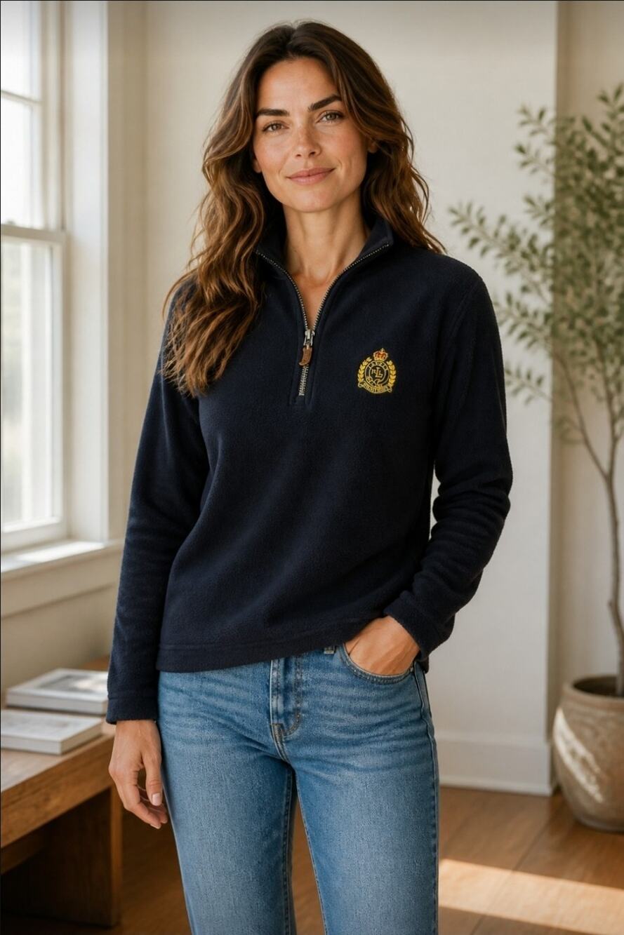 Vintage Ralph Lauren Fleece Quarter Zip Pullover Dark Navy Crest Logo XL Preppy